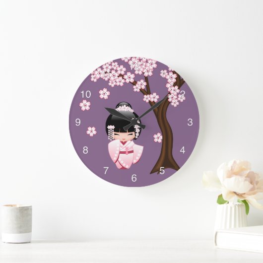 白い着物こけし人形可愛い芸者ガールパープル ラージ壁時計 (ホーム)