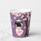 白い着物こけし人形可愛い芸者ガールパープル 紙コップ (裏面)