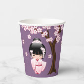 白い着物こけし人形可愛い芸者ガールパープル 紙コップ (正面)