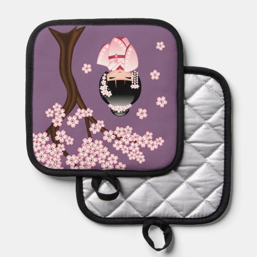 白い着物こけし人形可愛い芸者ガールパープル 鍋敷き (正面/裏面)