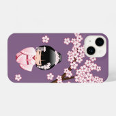 白い着物こけし人形可愛い芸者ガールパープル iPhoneケース (裏面横)