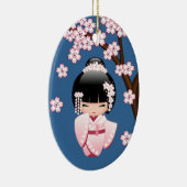 白い着物こけし人形 – かわいい芸者の女の子ブルー セラミックオーナメント (右)