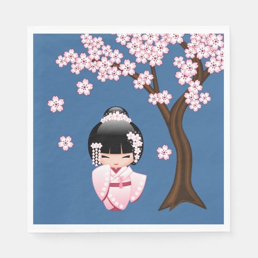 白い着物こけし人形 – かわいい芸者ガールブルー スタンダードランチョンナプキン (正面)