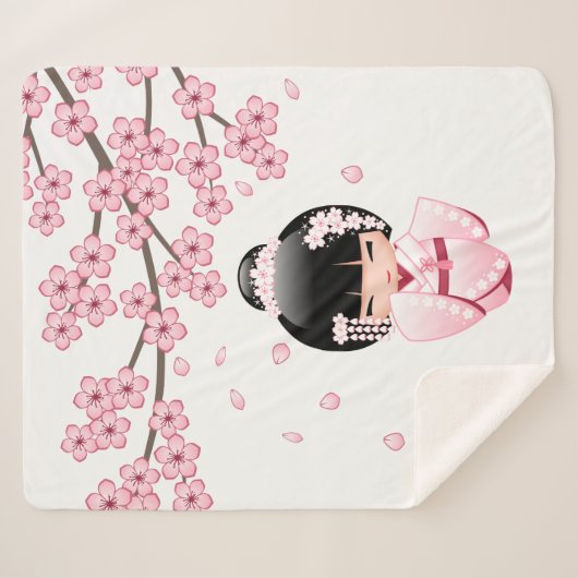 白い着物こけし人形 – かわいい芸者ガール シェルパブランケット (正面(横))