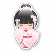 白い着物こけし人形 – かわいい芸者ガール シール (正面)