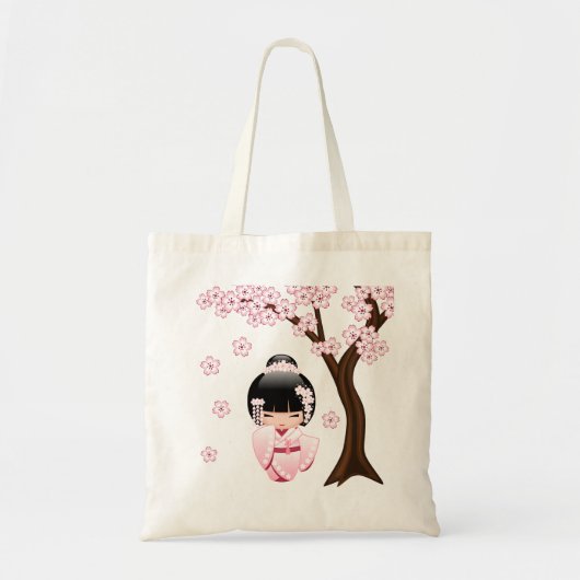 白い着物こけし人形 – かわいい芸者ガール トートバッグ (正面)