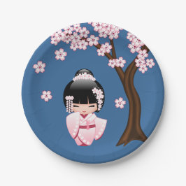 白い着物こけし人形 – かわいい芸者ガール ペーパープレート