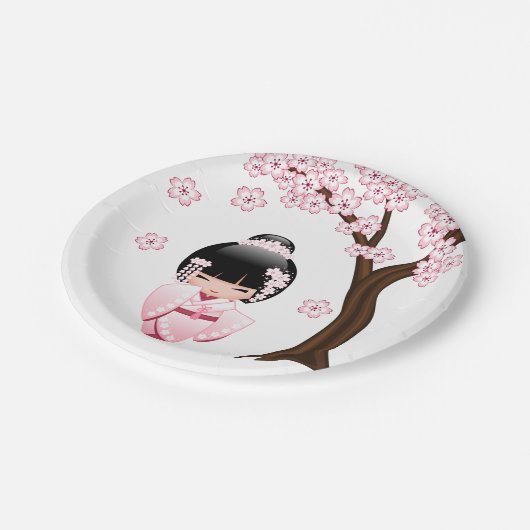 白い着物こけし人形 – かわいい芸者ガール ペーパープレート (アングル)