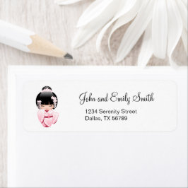 白い着物こけし人形 – かわいい芸者ガール ラベル