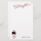 白い着物こけし人形 – かわいい芸者ガール 便箋 (正面/裏面)