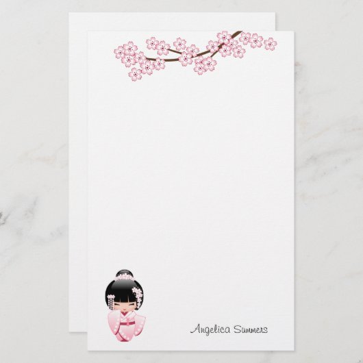 白い着物こけし人形 – かわいい芸者ガール 便箋 (正面/裏面)