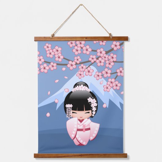 白い着物こけし人形 – かわいい芸者ガール 吊り下げ型タペストリー (正面)