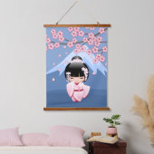 白い着物こけし人形 – かわいい芸者ガール 吊り下げ型タペストリー (寝室)