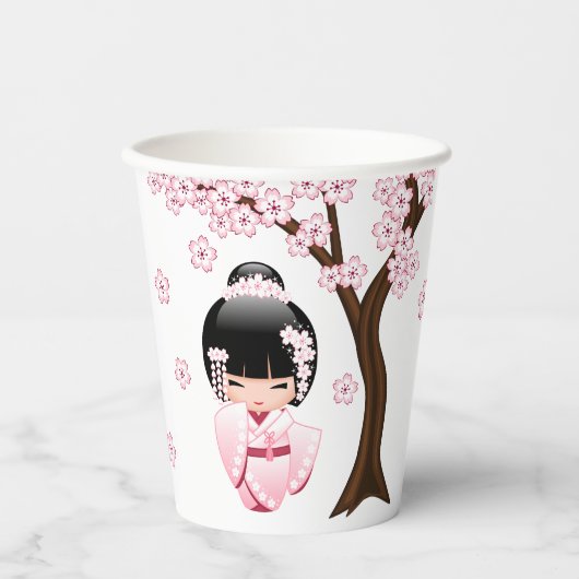 白い着物こけし人形 – かわいい芸者ガール 紙コップ (正面)