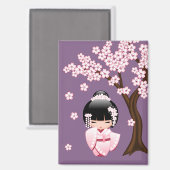 白い着物こけし人形 – かわいい芸者紫 マグネット (正面/裏面)