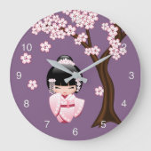 白い着物のこけし人形 かわいい芸者さん 紫 ラージ壁時計 (正面)