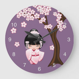 白い着物のこけし人形 かわいい芸者さん 紫 ラージ壁時計