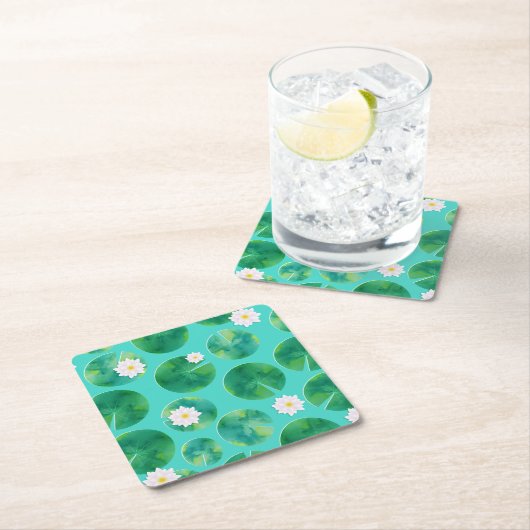 白い睡蓮の花とユリのパッドパターン スクエアペーパーコースター (インサイチュ)