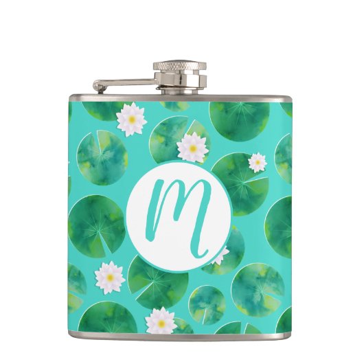 白い睡蓮の花とユリのパッドパターン フラスク (正面)