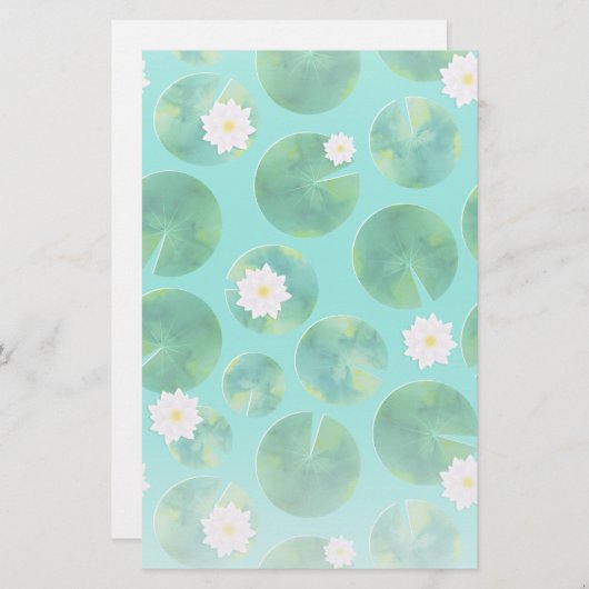 白い睡蓮の花とユリのパッドパターン 便箋 (正面/裏面)