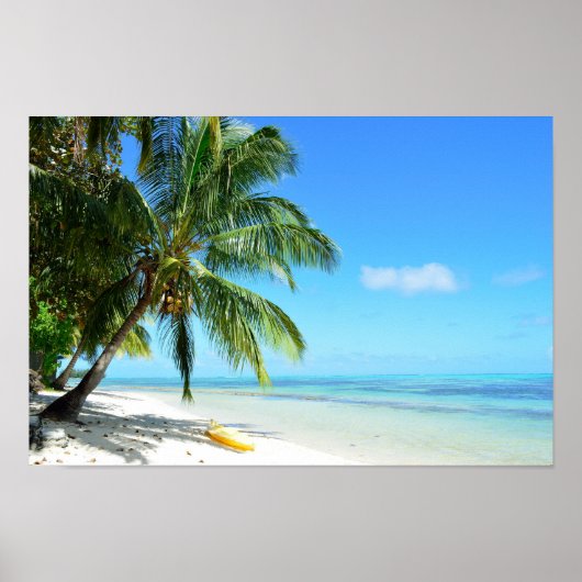 白い砂の上に黄色のカヤックビーチ ポスター (正面)