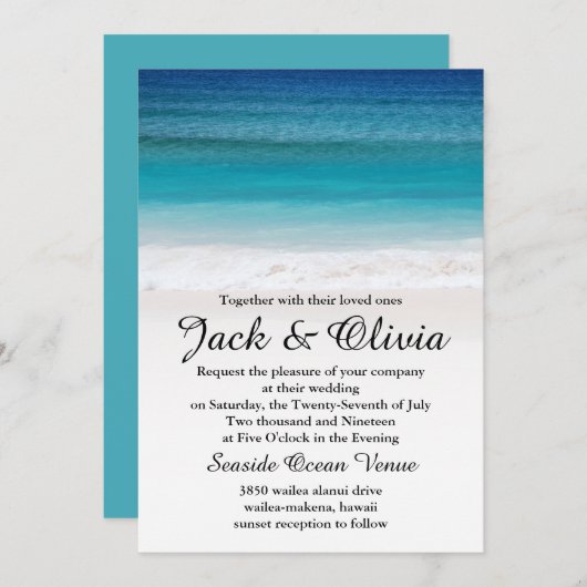 白い砂の海のビーチ結婚式の招待状 招待状 (正面/裏面)