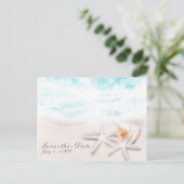 白い砂浜のビーチ ヒトデ 青い海 Save the Date 案内ポストカード (スタンド正面)