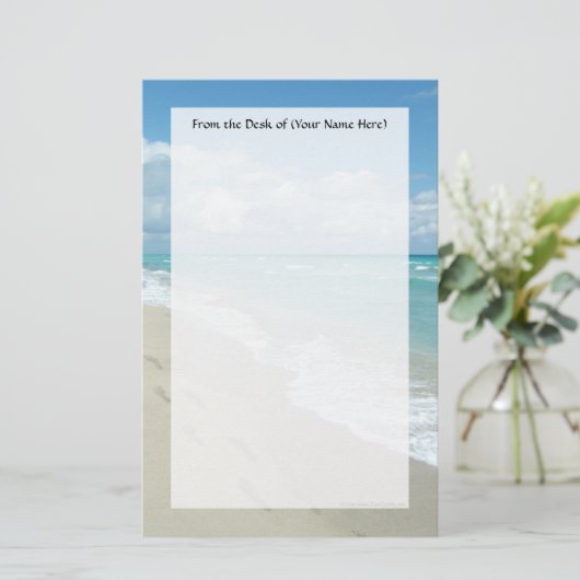 白い砂浜、景色の水の青の足跡 便箋 (スタンド正面)