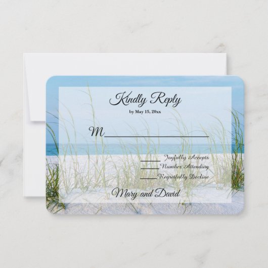 白い砂結婚式RSVPカードの海のオートの行 出欠カード (正面)