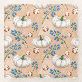 白い秋のカボチャと青い花の桃 ガラスコースター (正面)