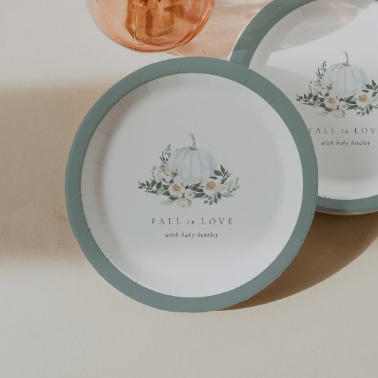 白い秋のカボチャ緑の赤ちゃんシャワー ペーパープレート