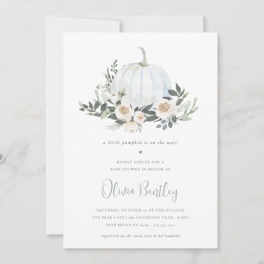白い秋のカボチャ緑の赤ちゃんシャワー 招待状 (正面)