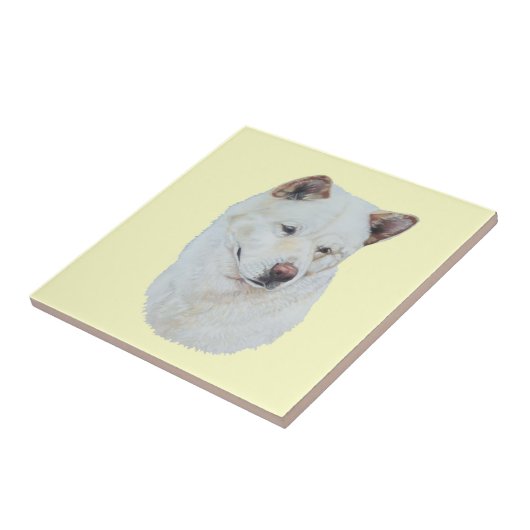 白い秋田の現実主義者犬のポートレートの芸術 タイル (側面)