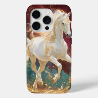 白い種馬のゴールドファンタジーデザイン iPhone 15 PROケース