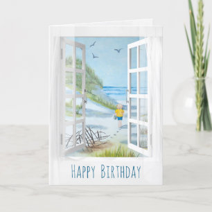 白い窓およびカーテンの海岸場面誕生日 カード