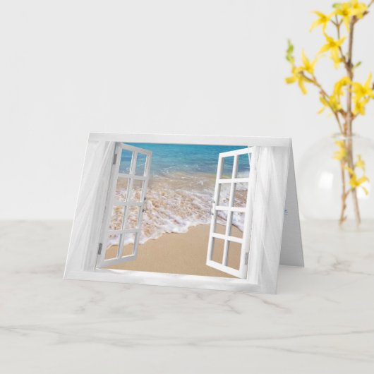 白い窓と海シーショア誕生日 カード (黄色い花)