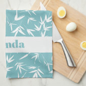 白い竹葉のティール（緑がかった色） キッチンタオル (四つ折り)