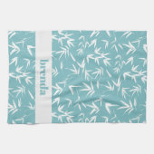 白い竹葉のティール（緑がかった色） キッチンタオル (横)