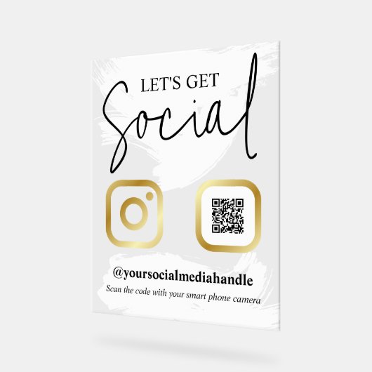 白い筆跡フェイク金ゴールドが社会に アクリルサイン (傾斜)