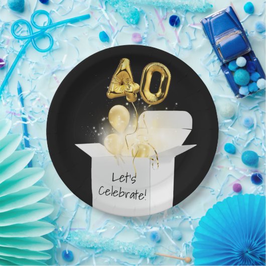 白い箱に40歳の誕生日金ゴールドバルーン ペーパープレート (パーティー)