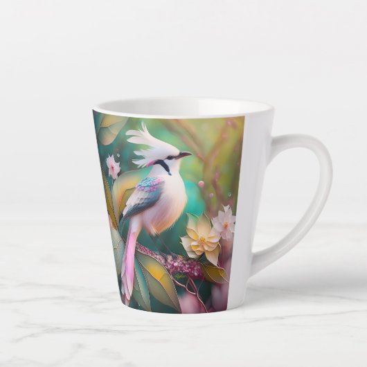 白い紋付き赤面テールジェイファンタジーバード カフェラテマグ (右)