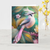 白い紋付き赤面テールジェイファンタジーバード カード (黄色い花)