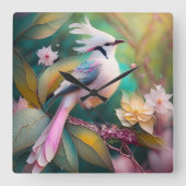 白い紋付き赤面テールジェイファンタジーバード スクエア壁時計 (正面)