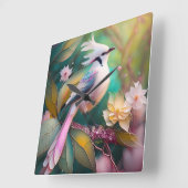 白い紋付き赤面テールジェイファンタジーバード スクエア壁時計 (傾斜)