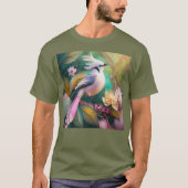 白い紋付き赤面テールジェイファンタジーバード Tシャツ (正面)