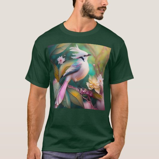 白い紋付き赤面テールジェイファンタジーバード Tシャツ (正面)