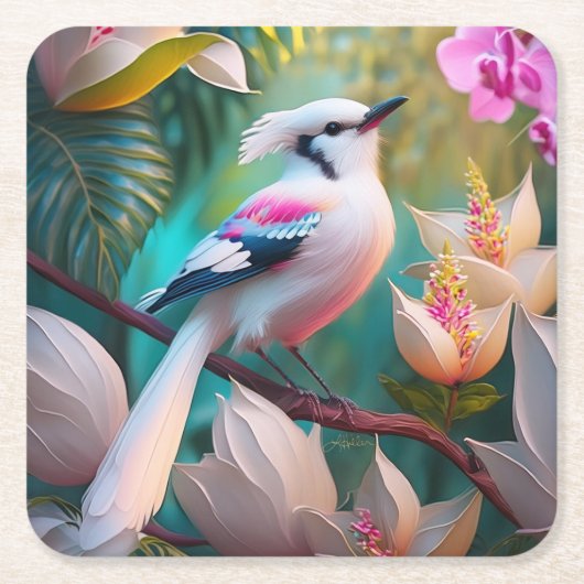 白い紋付き赤面胸ファンタジー鳥 スクエアペーパーコースター (正面)