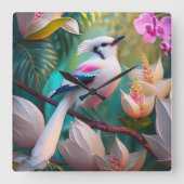 白い紋付き赤面胸ファンタジー鳥 スクエア壁時計 (正面)