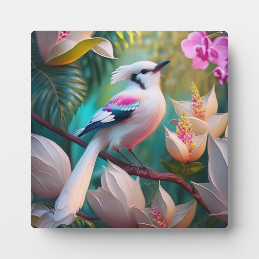 白い紋付き赤面胸ファンタジー鳥 フォトプラーク (正面)