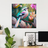 白い紋付き赤面胸ファンタジー鳥 ポスター (ホームオフィス)